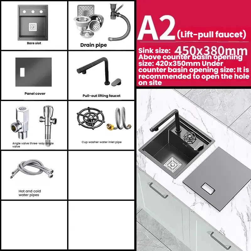 Household Small Hidden Kitchen Sink Stainless Steel Bar Wash Vegetable Basin With Cover Plate and Cup Washer Mini Single Slot