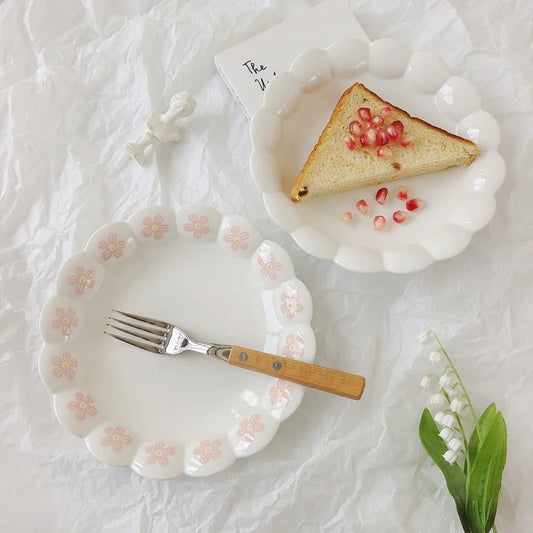 Irregular Ceramic Kitchen Tableware Lovely Pink Petal Household Ceramic Dinner Plate Lace Soup Plate Deep Fruit Plate.