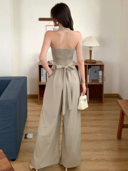Women Clothes Elegant Sexy Halter Backless Folds Slim Wide Leg Loose Rompers Summer Solid Casual One Piece Long Jumpsuits.
