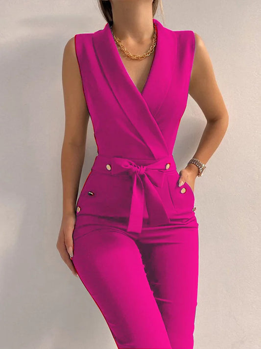Women Casual V Neck Jumpsuits Button Lace Up Sleeveless Wide Leg Pants Streetwear Overalls Jumpsuit Women.