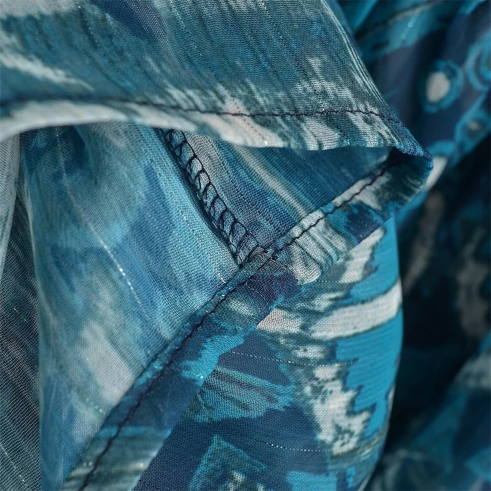 2024ZAR * Spring/Summer New Women's French Metallic Line Printed Cover Up High Waist Elastic Lace up Long Dress.