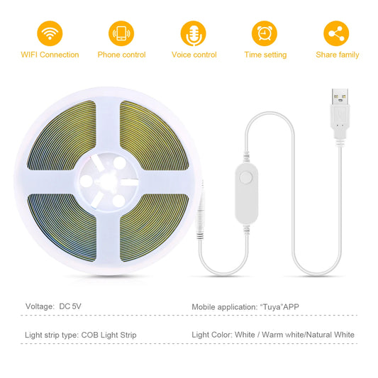 Tuya Wifi RGB /White/Warm White COB LED Strip Light Silica Gel Tube Tape Linear Dimmable Lighting work with Alexa Google Home.
