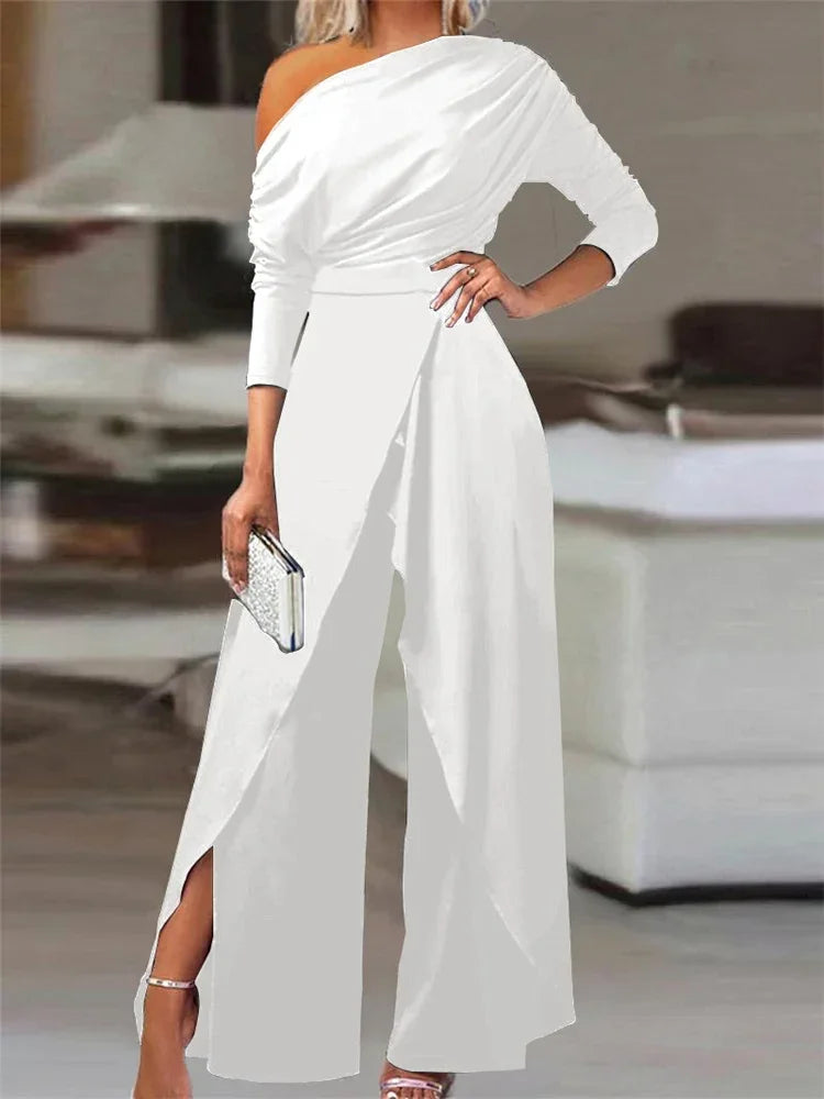 Elegant Jumpsuits for Women 2025 Spring New Plain Elegant Office Lady Loose Ruched Cold Shoulder Split Hem Wide Leg Jumpsuit.