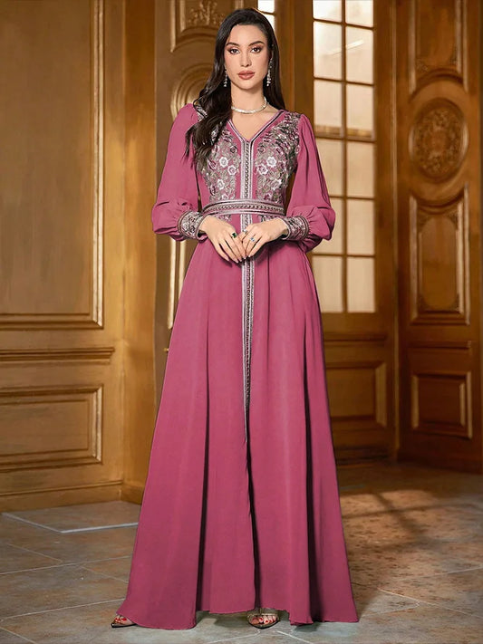 Eid Frauen Kleid Abaya Kaftan Muslimischen V-ausschnitt Stickerei Party Robe Jalabiya Ramadan Marokko Dubai Kaftan 2025, Vestidos Largos.