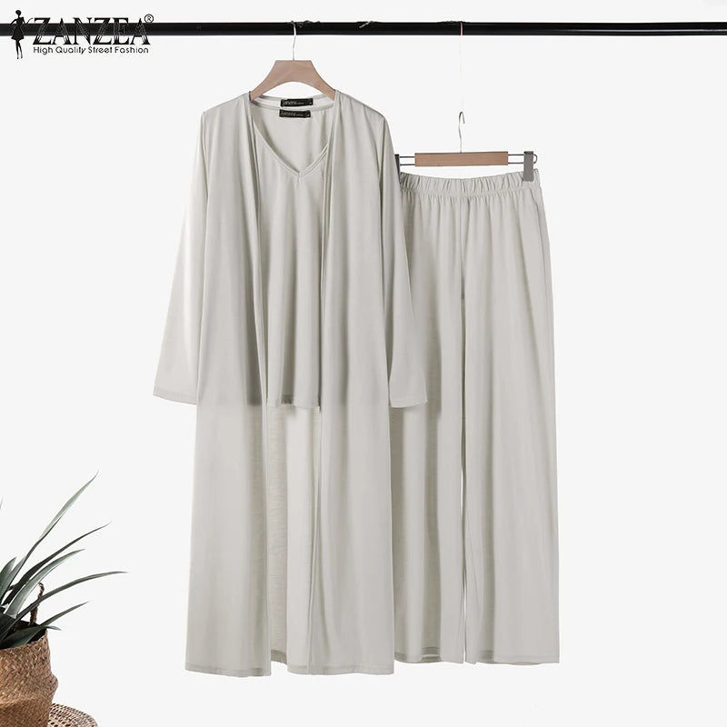 Women Autumn Tracksuits 3pcs Pant Sets ZANZEA Fashion Casual 3-Pieces Sets Solid Tank Tops and Cardigans Wide Leg Trousers Suit