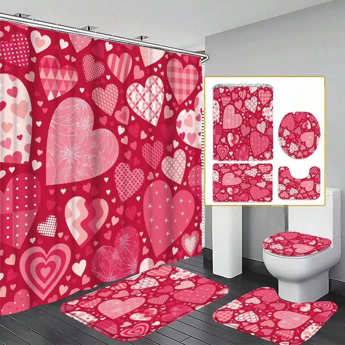 4-teiliges Badezimmer-Set, wasserdichter Stoff-Duschvorhang im Palast-Stil mit 12 Haken, rutschfeste Badezimmermatte, U-förmige Toilettendeckelabdeckung