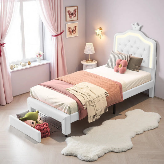 Rosahqnda Kinderbett, gepolsterter Bettrahmen, Krone, Kopfteil, Schubladenschrank, verstellbare Kopfteil-Lederoberfläche