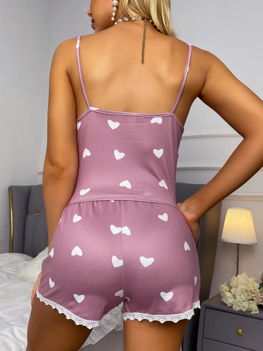 Damen-Pyjama, neues Design, ein Hosenträger, ein Paar Shorts, zweiteilig, hellviolett, Heimkleid, Liebesmuster, Spitze, schön, elegant, lässig.