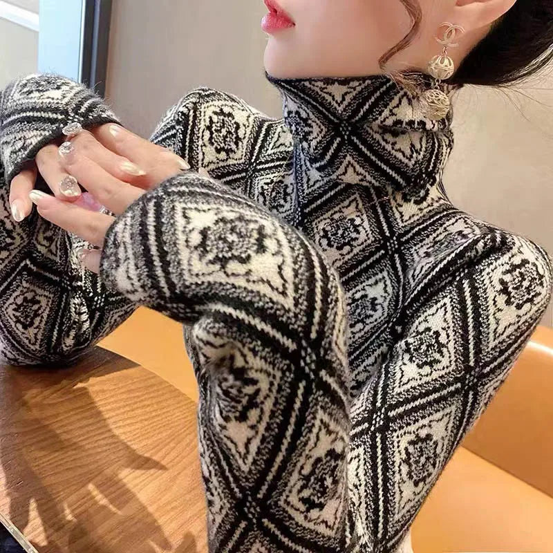 Frauen Kleidung Mode Rollkragen Argyle Stricken Pullover Herbst Winter Elegante Chic Schlanke Langarm Pullover Büro Dame Y2K Top.