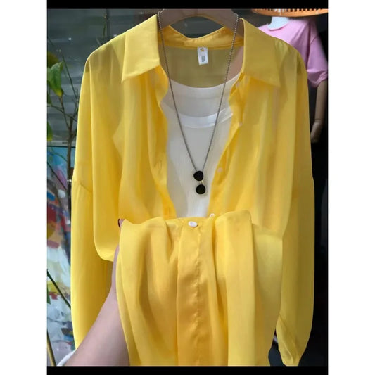 1pcs Woman Four Seasons Shirt Lady Thin Sunscreen Shirts Female Casual Long Sleeve Turn-down Collar Loose Med-Length Style Tops.