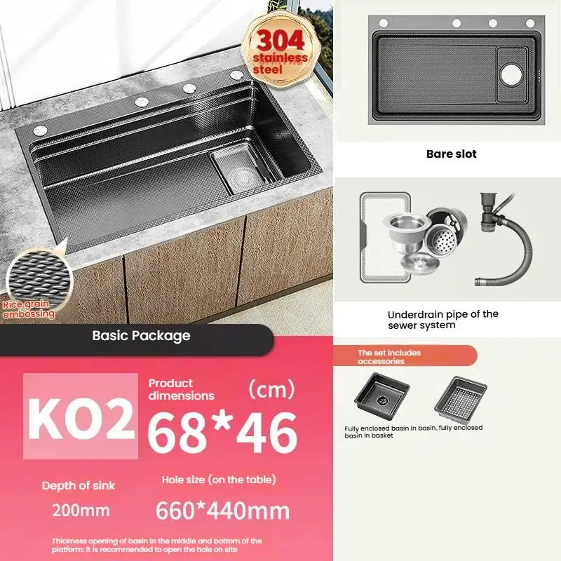 Gray 304 Stainless Steel Kitchen Sink Wash Dish Bowl Nano Embossing Large Single Slot Multifunctional Household Undermount Basin