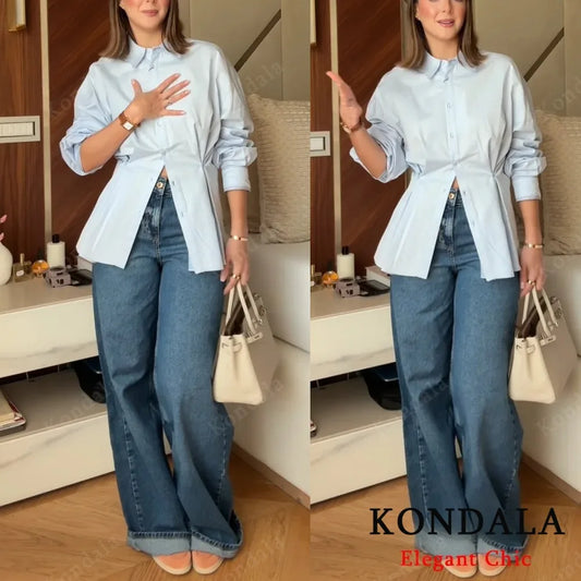 KONDALA Fall Women Elegant Blue Shirt Lapel Waist Buttons Shirt Office Lady Tops New 2025 Spring Autumn Fashion Commuter Shirt.