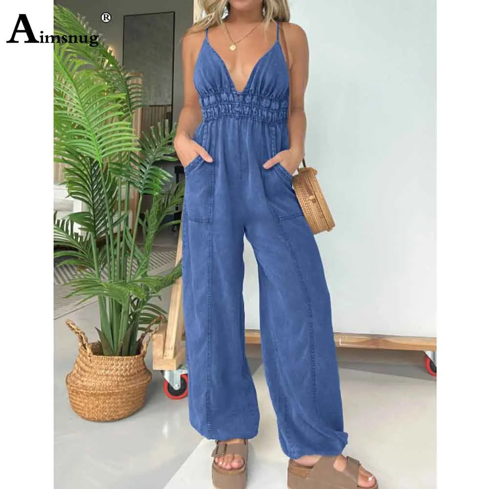 2025 Women's Stand Pocket Casual Beach Jumpsuits Women Straight Leg Trousers High Cut Female Fashion Strappy Bodysuits New.