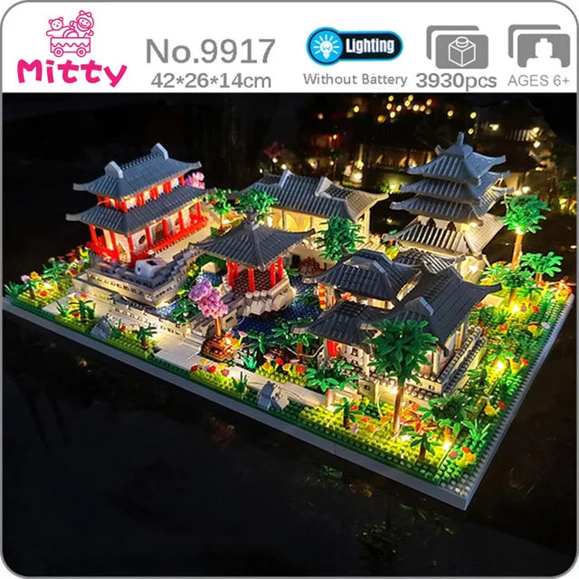 Lezi Architecture Ancient Pavilion Temple Tower Lake Garden Gate LED Light Model Mini Diamond Blocks Bricks Building Toy no Box.