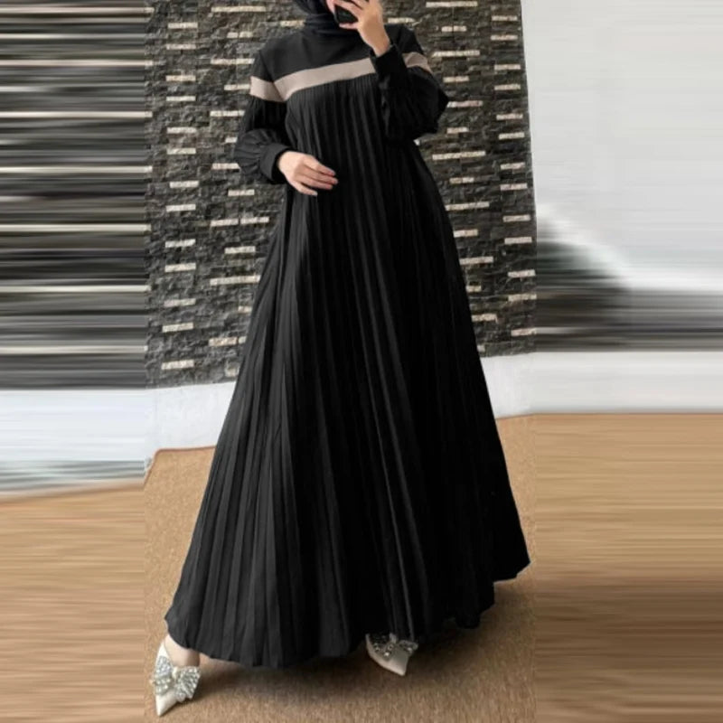 ZANZEA Autumn Women Muslim Dress Turkey Abaya Elegant Long Lantern Sleeve Patchwork Sundress Pleated Vestidos Islamic Dubai Robe