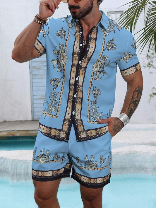 Baroque Luxury Printed Men's Shirt Shorts 2 Piece Set Summer Casual Shirt Hawaiian Beach Short-sleeved Men's Suits Clothing.