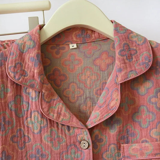 100% Cotton Crepe Homeclothes 2023 Autumn/Winter Women's Pajamas Suit Long-Sleeved Trousers 2-piece Yarn-Dyed Jacquard Pajamas.