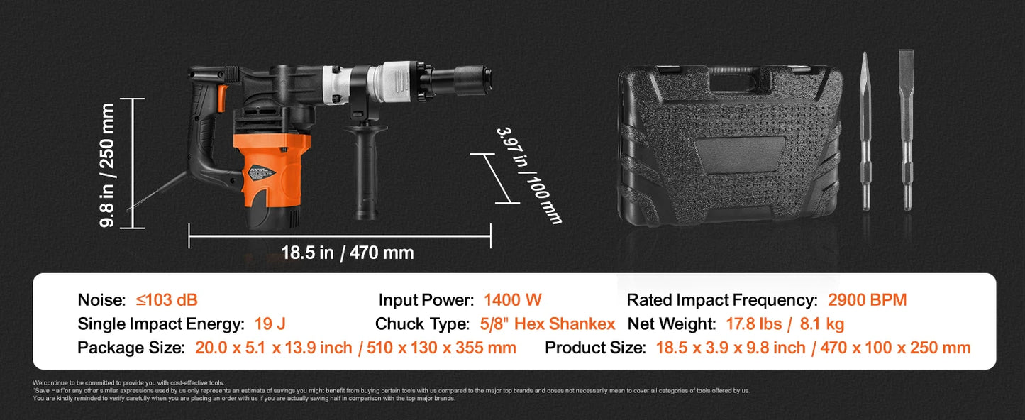VEVOR Hochleistungs-Betonbrecher Abbruchhammer 1400 W, 19 J Schlagkraft Elektroabbruchhammer, Bohrhammer Betonhammer Stemmhammer 2900 BPM, inkl. Spitzmeißel, Flachmeißel, für Schiefer, Beton usw.