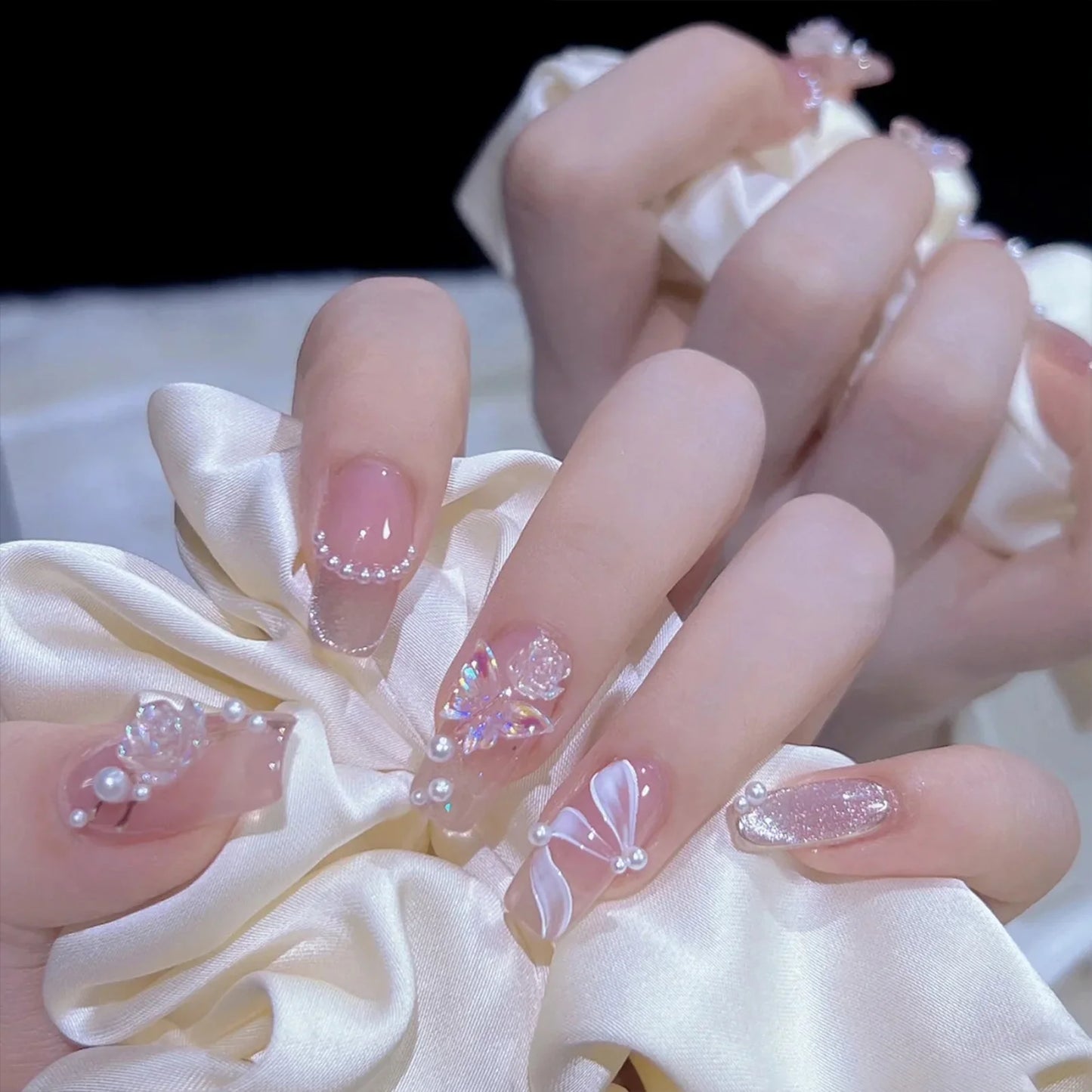 24Pcs Mid-Length Fake Nails 3D Flower Pearl Designs Nude Pink Color Press on Nails Ballerina False Nails for Women DIY Manicure