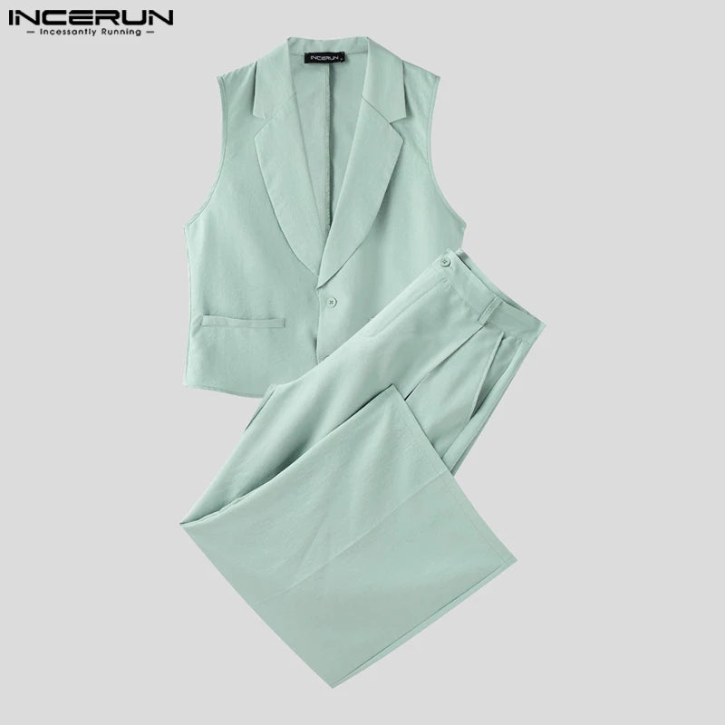 INCERUN Summer Men's Sets Solid Color Sleeveless Tops Tee Buttons Summer Long Pants Male Two-piece Suits Streetwear 2PCS S-5XL