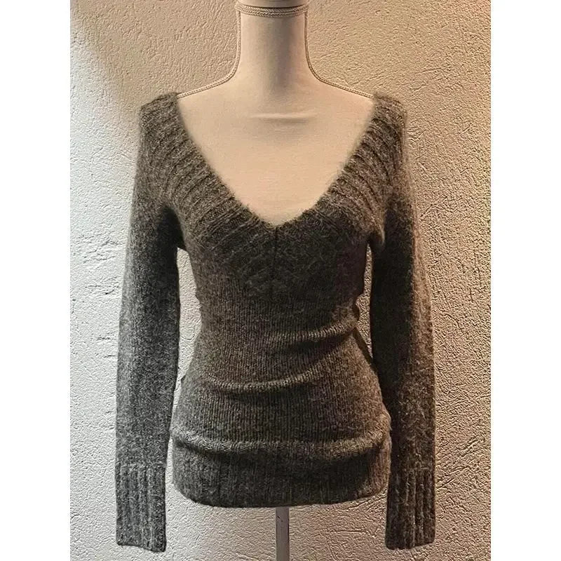 Deeptown Sexy Gestrickte Pullover Frauen V-ausschnitt Vintage Frühen Y2k Grunge Pullover Mujer Herbst Mode Langarm Pullover Schlank.