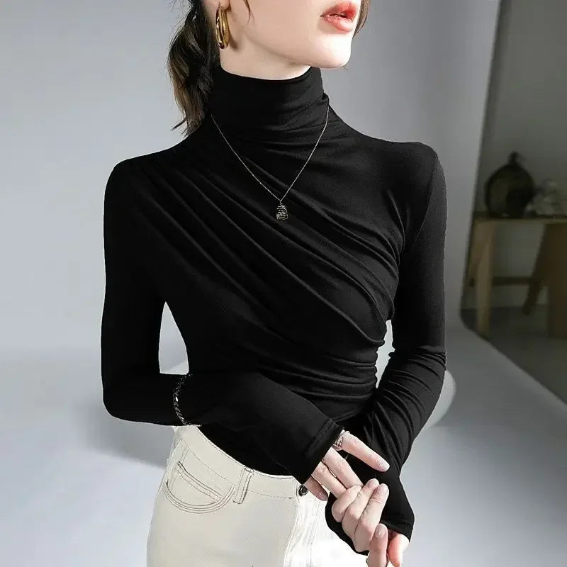 Pleated Stretch T-shirt New Spring Autumn Turtleneck Bottoming Pullover Women's Casual Elegant Basic Top Shirts Harajuku Gothic