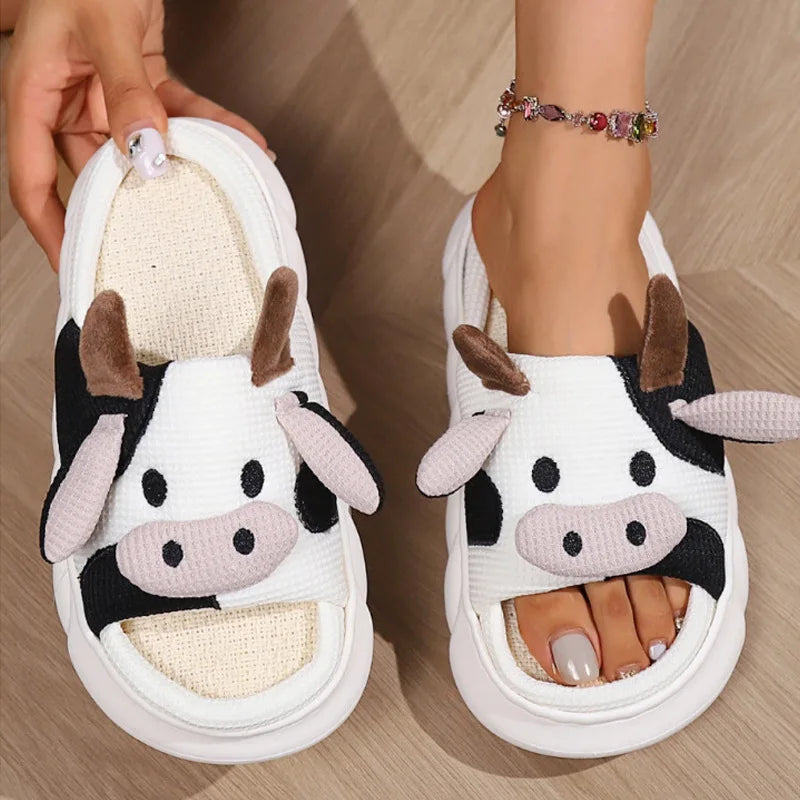 Shevalues Plush Cartoon Milk Cow Slippers Winter Women Slippers Furry Non-Slips Women Cotton Slides Couples Soft Cozy Flat Shoes