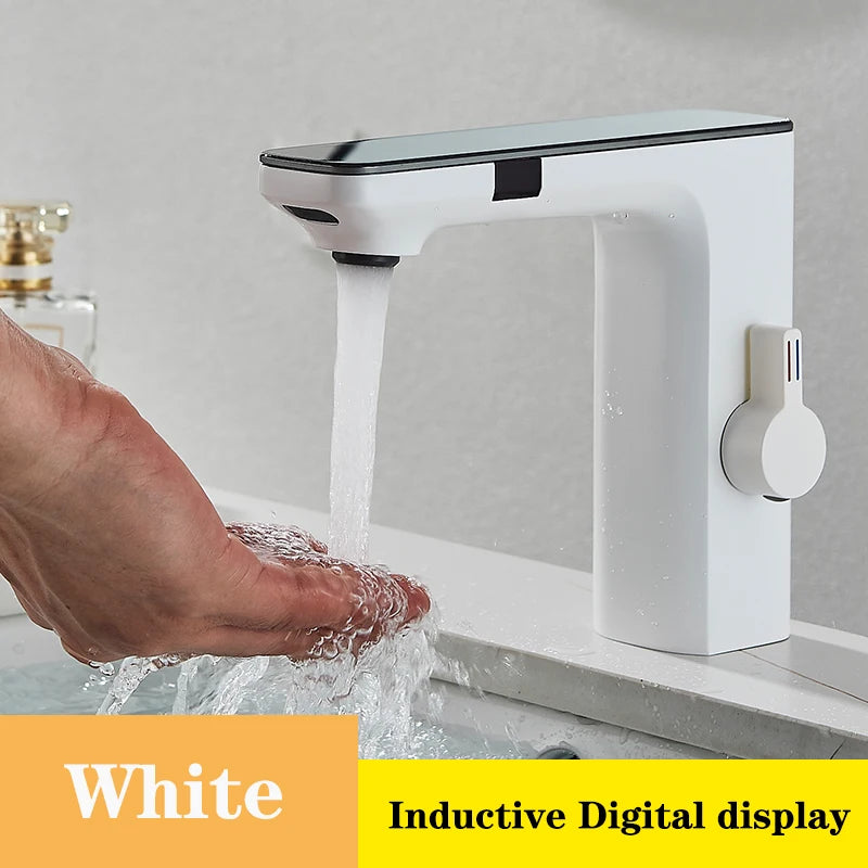 Touchless Sensor Basin Faucet Smart Digital Display Bathroom Sink Faucet Grey Sense Hot Cold Water Mixer Tap Battery Power