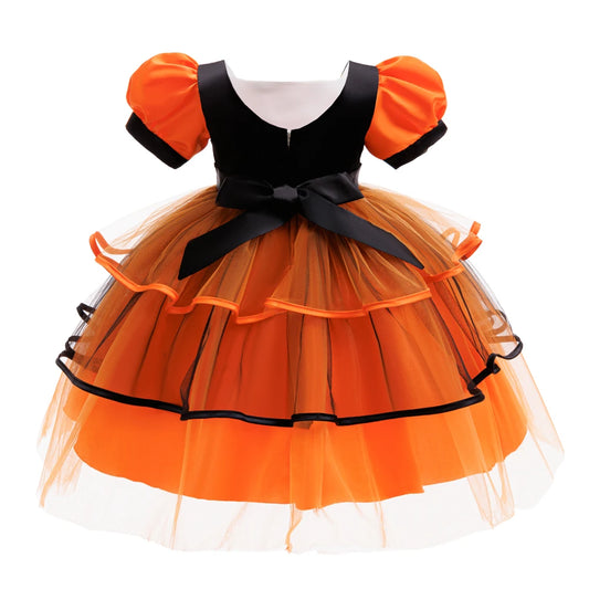 Orangefarbenes Halloween-Kinderkleid für 2–10 Jahre, Polyestermaterial, Puffärmel und mehrlagiger Tüllrock, süße Prinzessinnenkleidung.