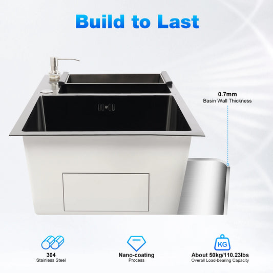 Drop-In-Küchenspüle mit Doppelschüssel, 78 x 43 x 22 cm, Nano-beschichtetes Edelstahl-Küchenspülbecken mit Seifenspender/Abflussset/Überlauf