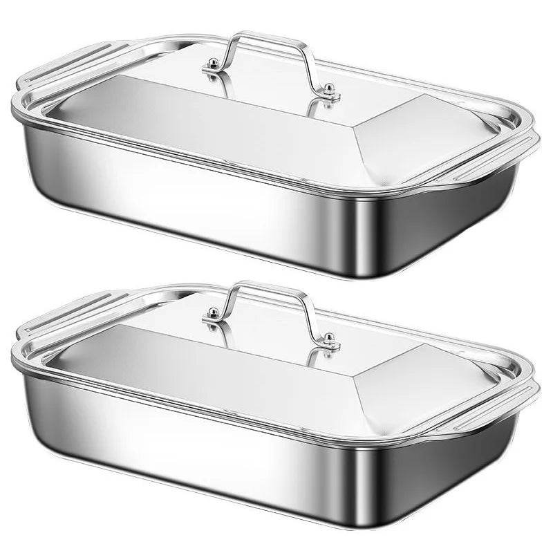 Stainless Steel Grilled Fish Pan Large Capacity with Lid Oven BBQ Plate Easy To Clean Rectangular Roaster Pan Fried Beef Seafood.