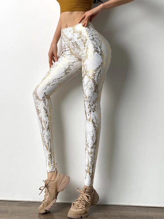 Snake Printed Yoga Pants Gilded Stretch Buttocks Sexy Casual Skinny Pants For Women High Waist Elastic Fitness Sporty Leggings.