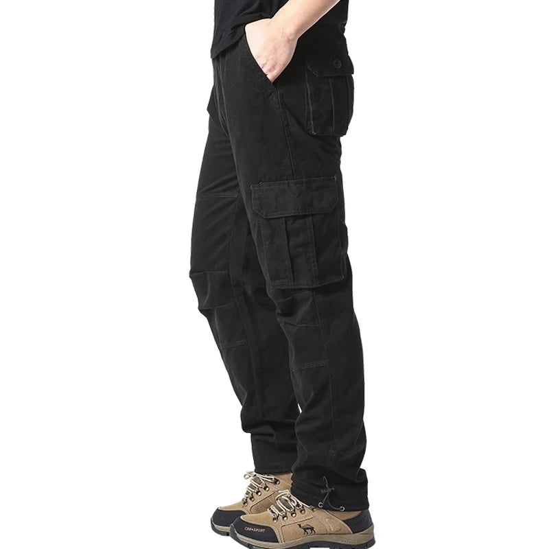Solid Cotton Multi Flap Pockets Men's Straight Leg Cargo Pants, Loose Casual Outdoor Pants, Men's Work Pants Outdoors Streetwear.