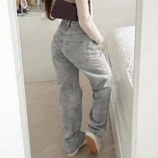 Jeans Women Straight Pants Denims Washed High Waist Distressed Pockets Female 2025 Streetwear Vintage Full Length Trousers.