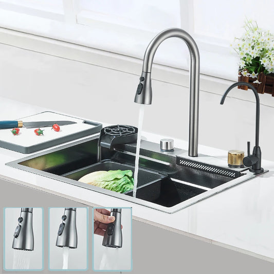 304 Stainless Steel Waterfall Kitchen Sink Large Single Slot with Chopping Board Cup Washer