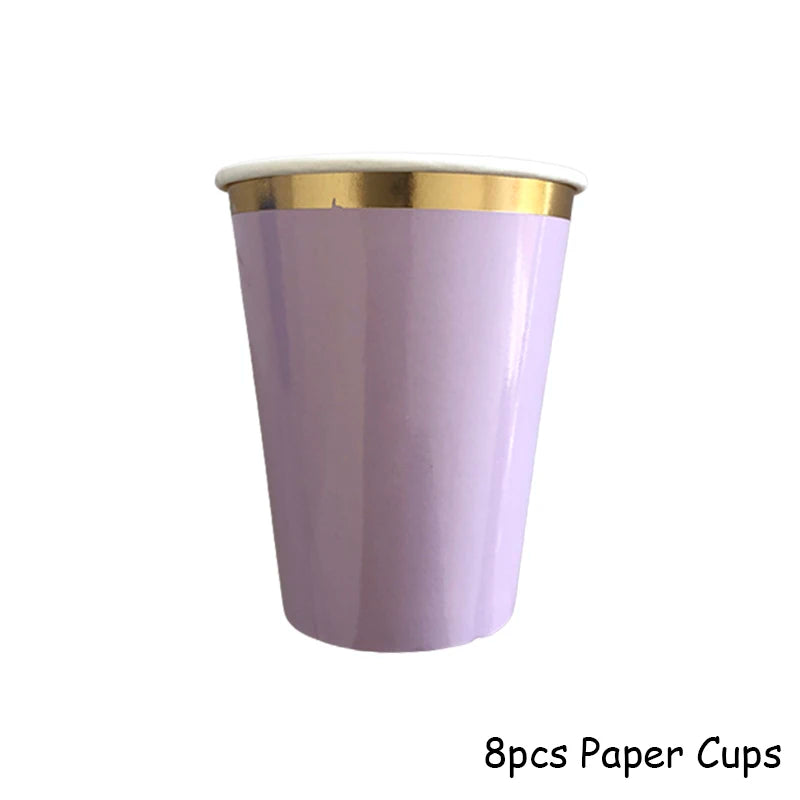 Gold Disposable Tableware Sets Purple Party Paper Cup Plates baby Shower Birthday Party Supplies Carnival Wedding decor Favors