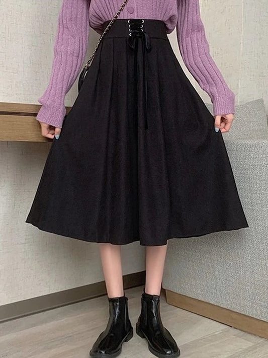 Preppy Style Vintage Long Skirts Women High Waist Sweet Loose A Line Skirt Lace Up Retro Fall Winter Female Elegant Long Skirts.