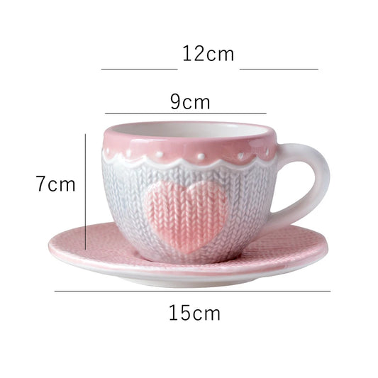 250ml Ceramic Tea Cup And Saucer Set Kawaii Bowknot Coffee Cup Dish Pink Wool Knitting Mug Microwave Safe.