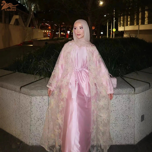 Eid Pink Embroidery Abayas for Women Muslim Dress Dubai Open Abaya Turkey Kaftan Kebaya Kimono Cardigan Islam Clothing Jalabiya.