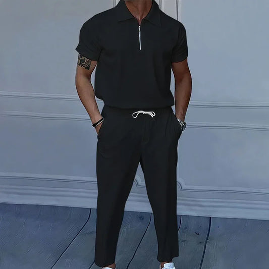 Summer New Large Size Men's Pure Color Set with Collar Short Sleeve Zipper Long Pants Suitable for Various Occasions.