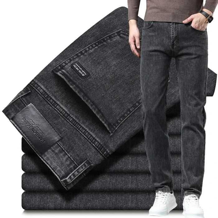 Spring Autumn New Men's Pure Black Slim Jeans Elastic Straight Pants Business Fashion Leisure Korean Vintage Denim Pants Male
