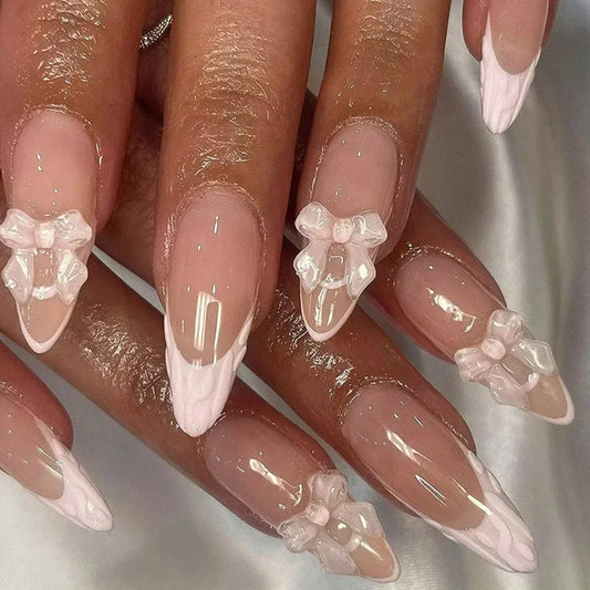 White Glitter Powder Bowknot Long Pointed Fake Nails Art Ballet False Nail Cow Print Pearl Rhinestone Pink Almond Press on Nails.