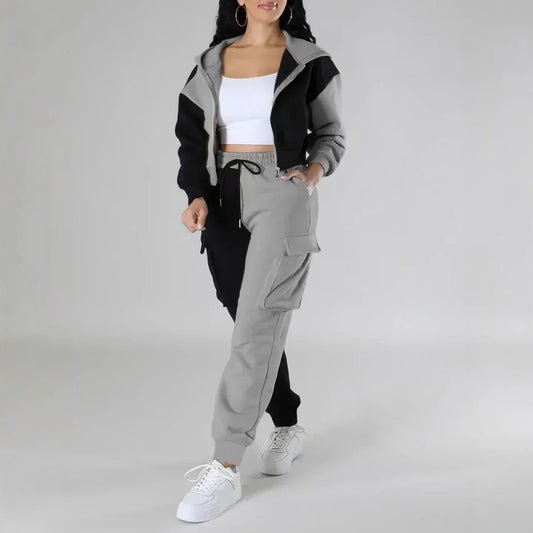 Women Loose Autumn Winter Two Pieces Suit Matching Sets Hoodie Tracksuit Blocked Zipper Short Outerwear Drawstring Cargo Pants.