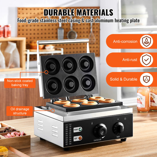SucceBuy 6/12 Hole Electric Donut Maker Commercial Doughnut Machine with Non-stick Surface Double-Sided Heating Waffle Machine.