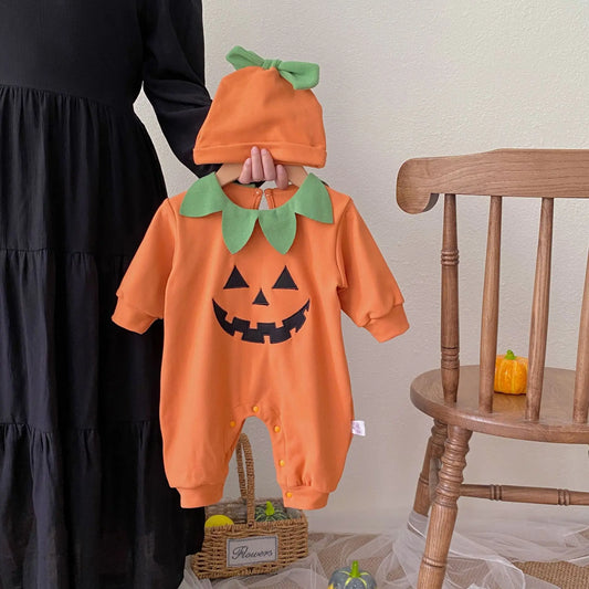 Catton Kürbis Smiley Halloween Baby Neugeborene Kleidung Baumwolle Langarm Strampler mit Hut Zweiteilige Sets Outfits Party Overall.