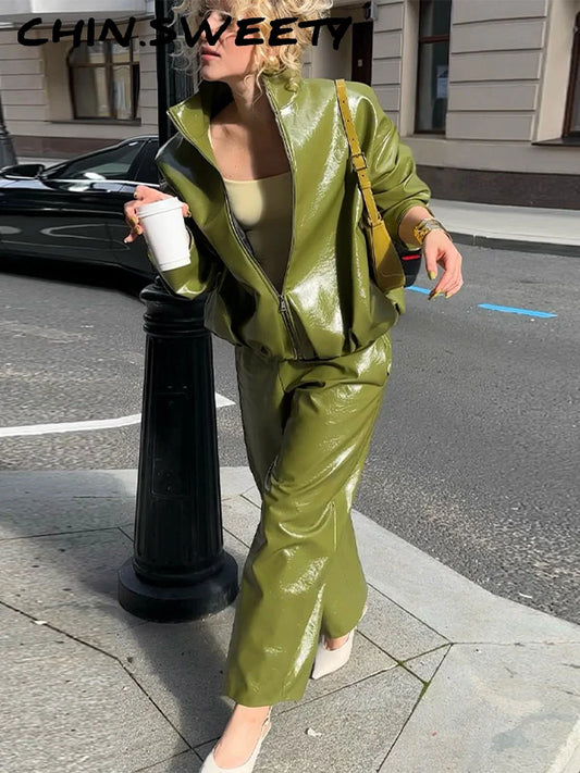 Stylish Leather Solid Jacket Pants Set Women Stand Collar Zipper Coat Loose Trousers Sets Female 2025 Autumn Fashion Streetwears.