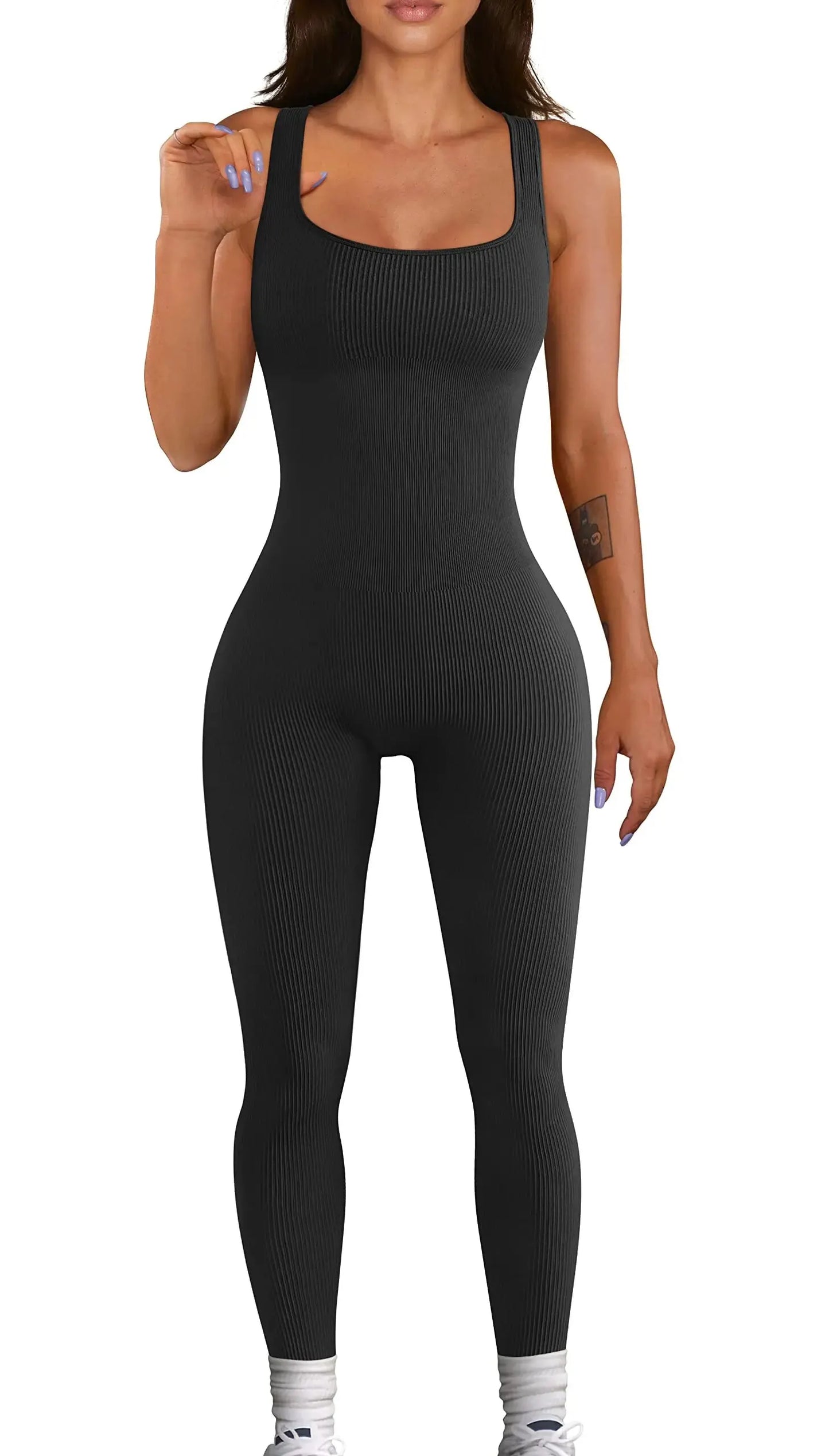Women's jumpsuit yoga ribbed bodysuit seamless square neck leggings for sports and fitness.