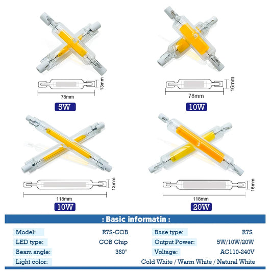 LED R7S Glass Tube COB Bulb 5W 10W 20W High Power R7s Corn Lamp 78mm 118mm J78 J118 Replace Halogen Light AC 220V 110V Lampadas.