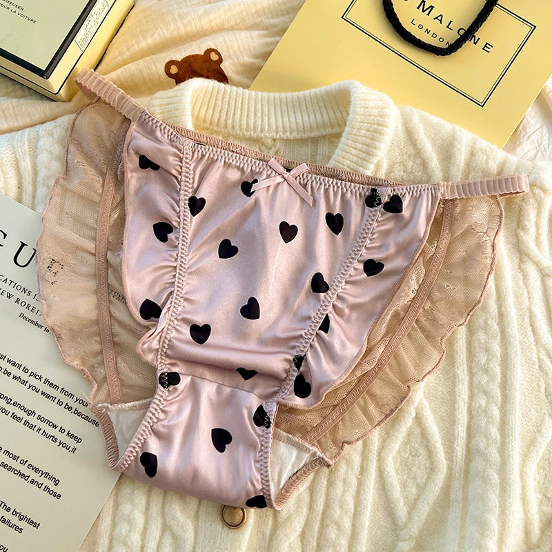 Sexy lingerie women Satin tangas lace ropa interior femenina sweet calzones para mujer plus size panties heart underwear women