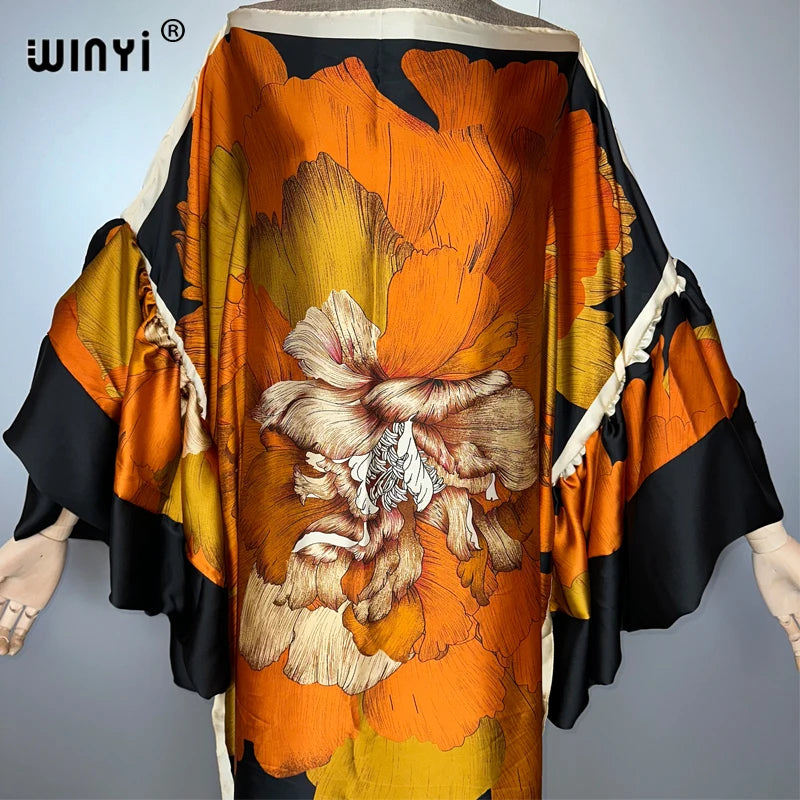 WINYI summer puff(ed) sleeves evening dress abaya dubai luxury Female loose Print kaftan muslim woman clothing beach dress.